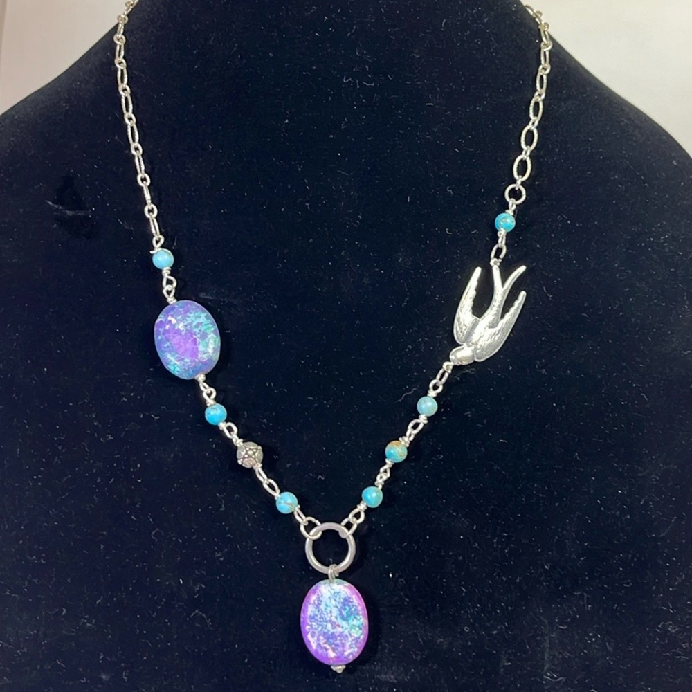 Handmade silver necklace with a bird, purple and turquoise beads - Picture 1 of 8
